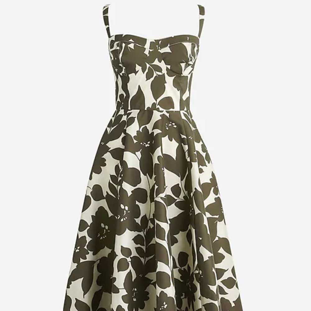 J Crew Collection sweetheart A-line midi dress in leafy floral stretch taffeta.